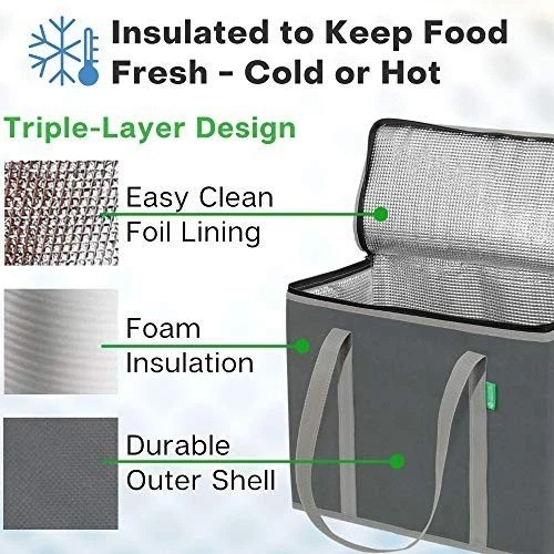Insulated Reusable Grocery Bags 2 Pack XL Hard Bottom Stands Upright Cold Food
