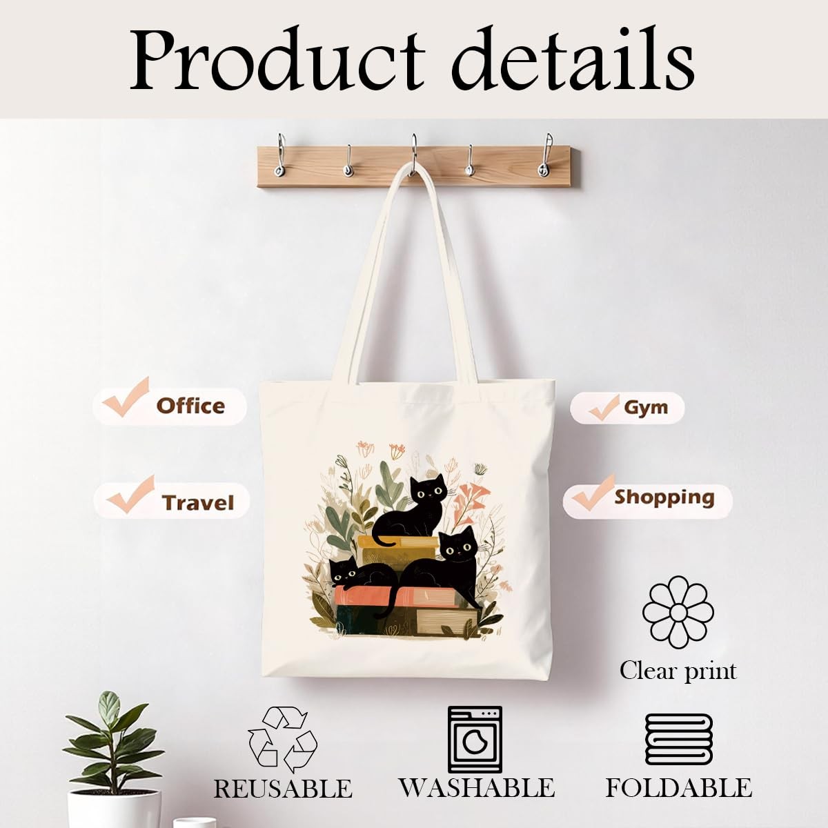 Black Cat Book Canvas Tote Bag for , Floral Aesthetic Cat Lover Reusable Groc…