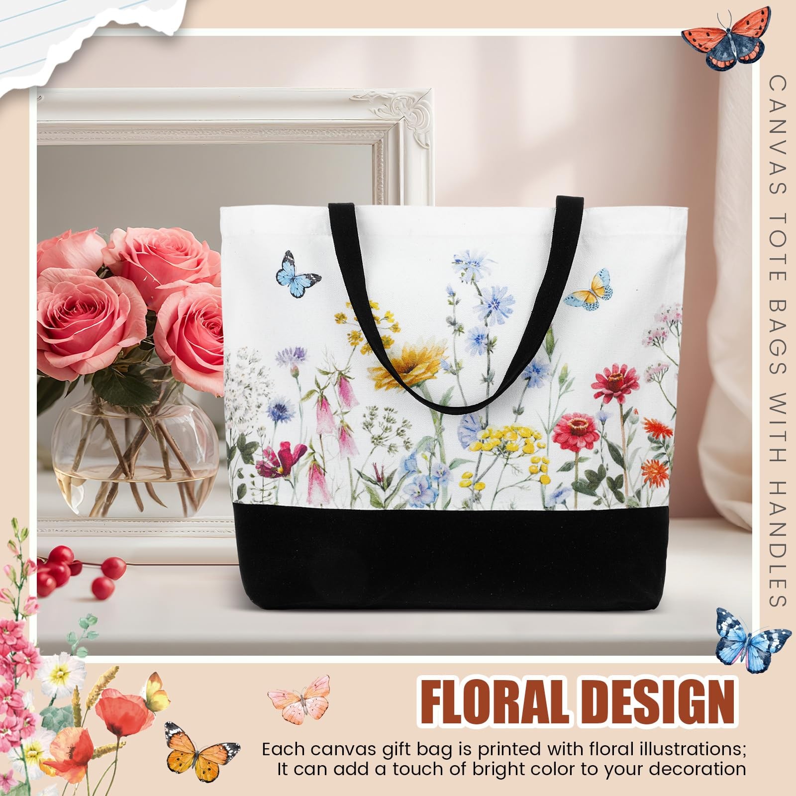10 Pcs Wildflower Canvas Tote Bag Bulk Large Book Lovers Floral Gift Tote 18….