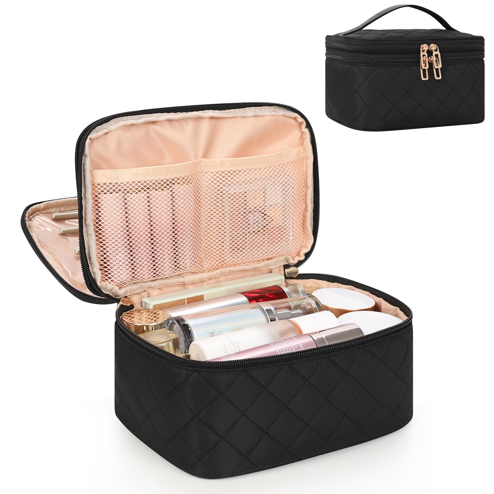 Relavel Travel Makeup Bag, Large Cosmetic Bag with Separate 3-LARGE, 01-Black