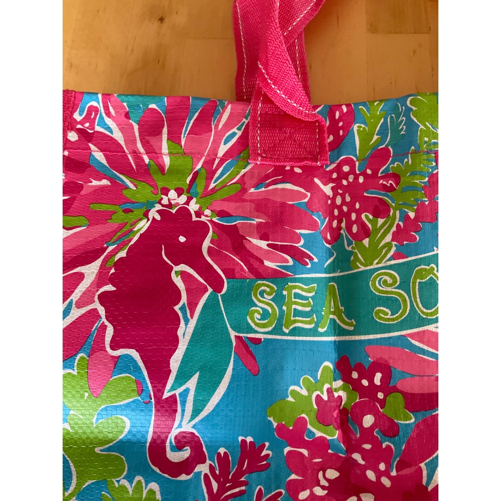 Lilly Pulitzer Sea Soiree Market Bag Reusable Shopping Tote Pink Blue Seahorse