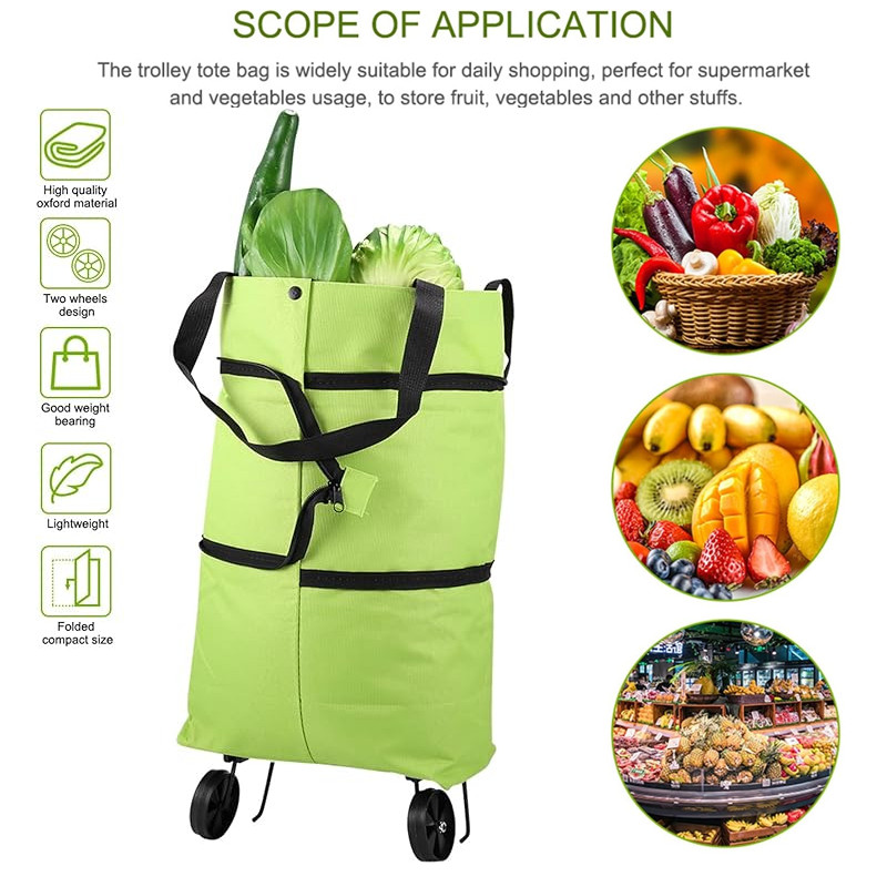 1x Collapsible Shopping Grocery Bag with Wheels Rolling Tote Large Reusable Bags