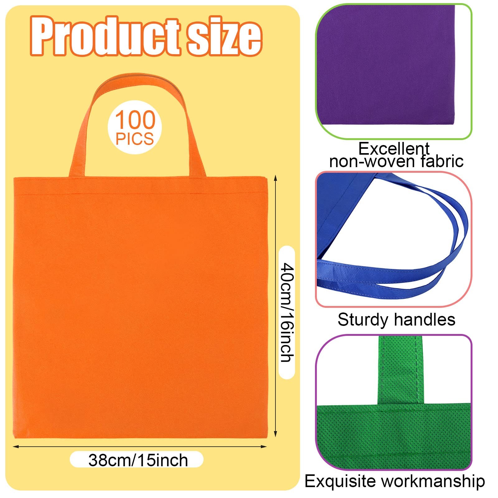 100 Reusable Canvas Tote Bags 15”x16” with Handles – Bulk Pack