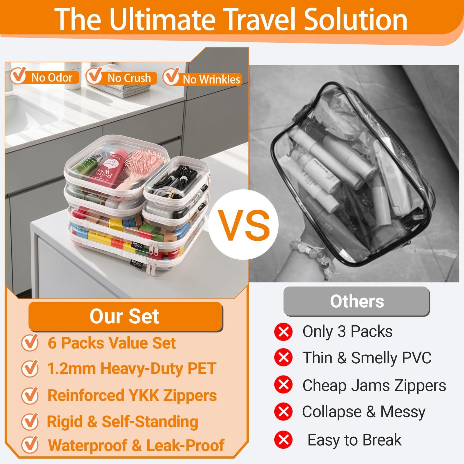 YQBRAO 6 Pack Clear Hard Shell Zipper Case, 1.2mm 6 (2L+2M+2S), White