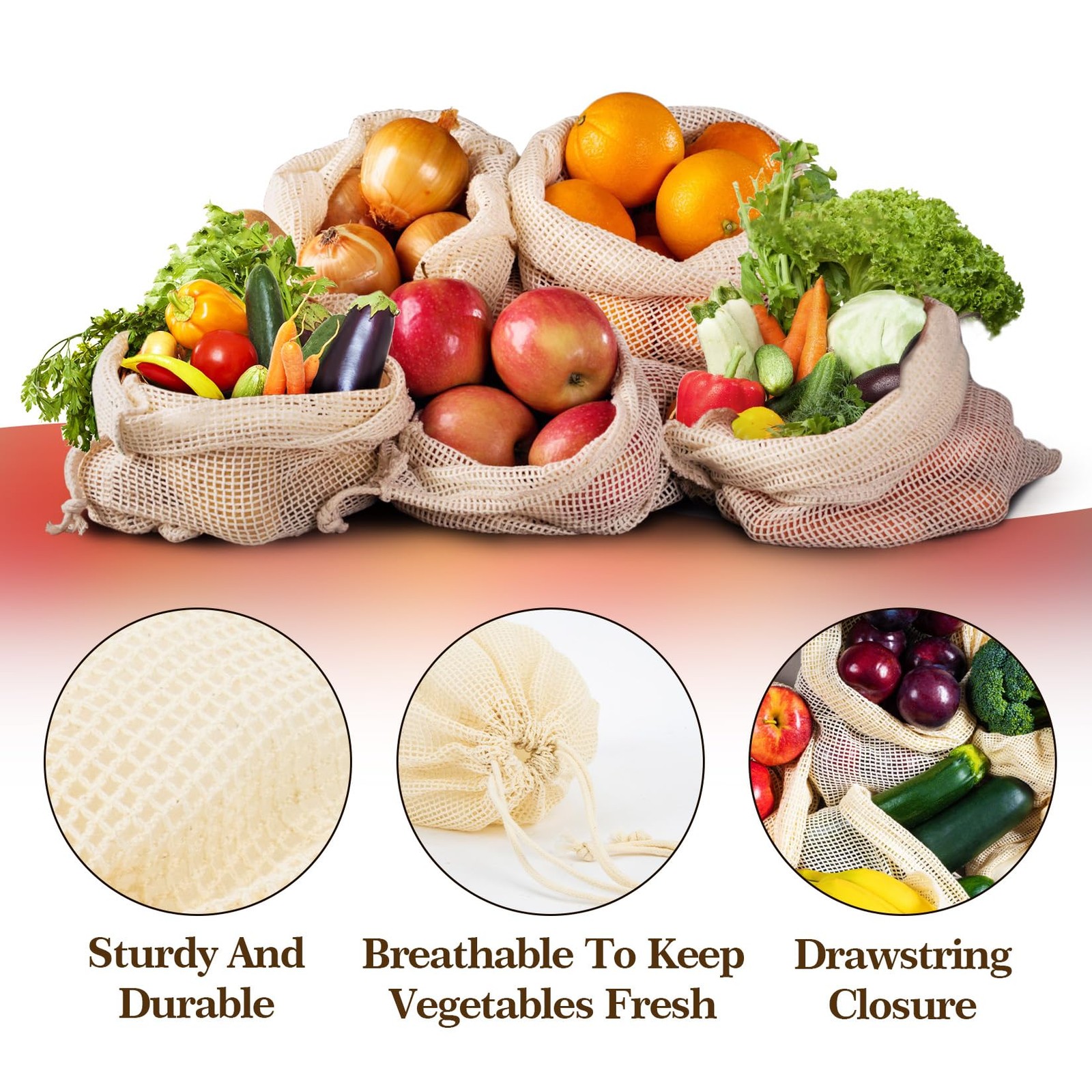 MAQIHAN 6 Pack Reusable Produce Bags Cotton Mesh 8*10,10*12，12*14, Off White