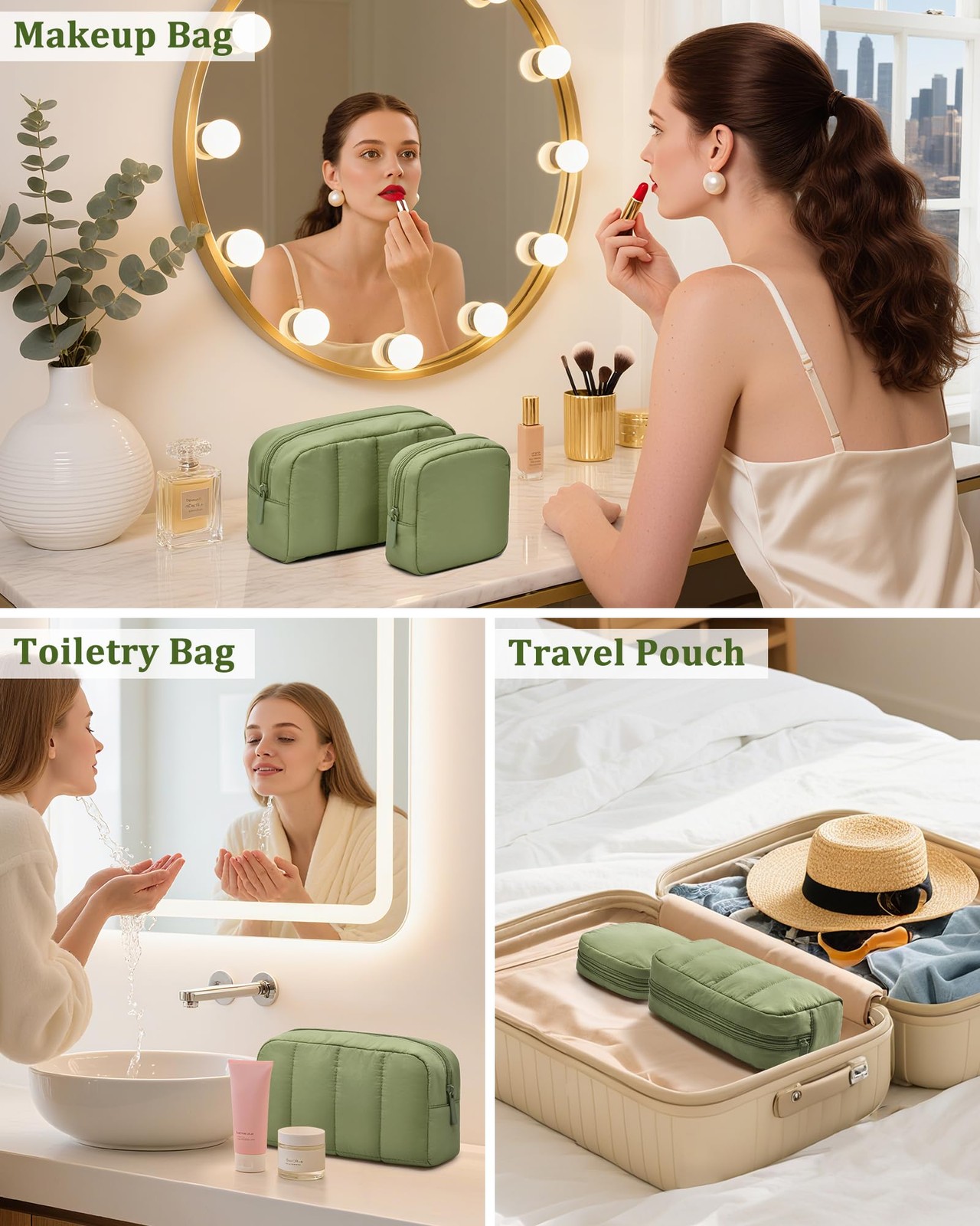 oscaurt 2 Pcs Makeup Bag Travel Toiletry for Women Puffy Army Green-Set