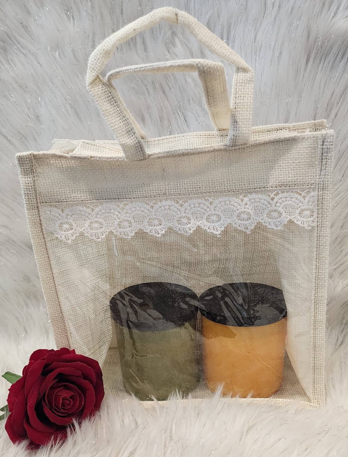 5 PCS Handmade Jute BagTransparent PVC Film Window Jute Beach Tote Reusable Bag