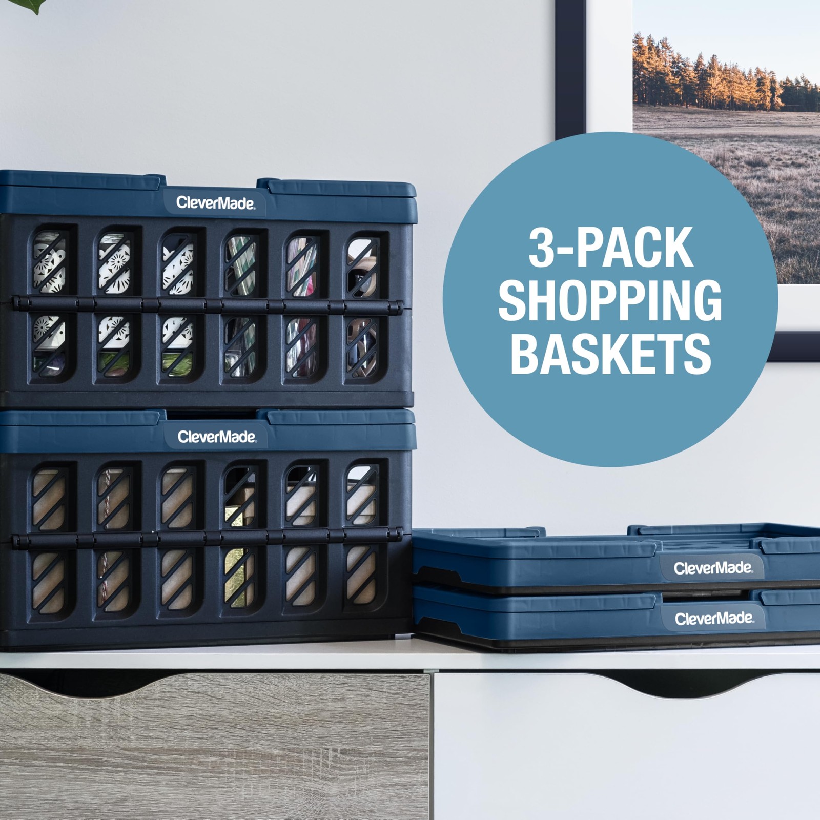 Collapsible Shopping Basket with Handles – 24L 3 Pack Collapsible Grocery Tot…