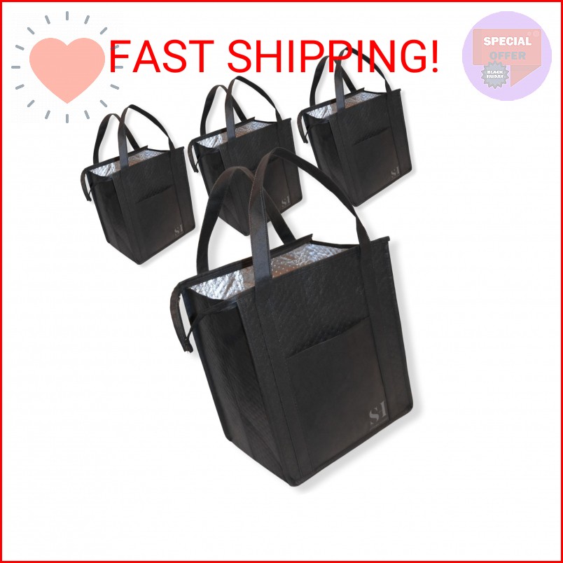 Serene Homes Black Insulated Grocery Bags, 4 Pack Reusable Shopping Bags with Zi