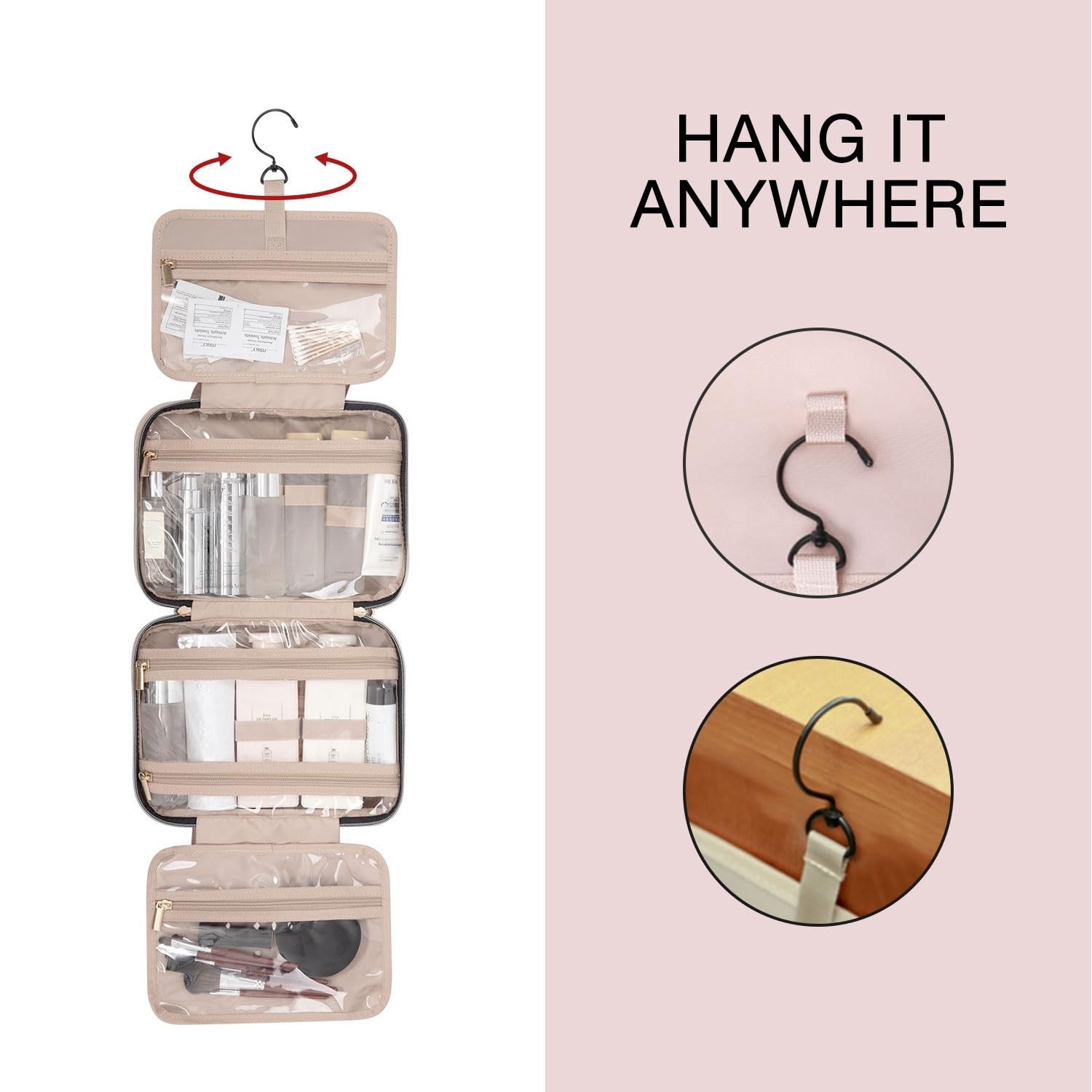 BAGSMART Large Toiletry Bag Travel with Hanging Hook, Large, Baby Pink