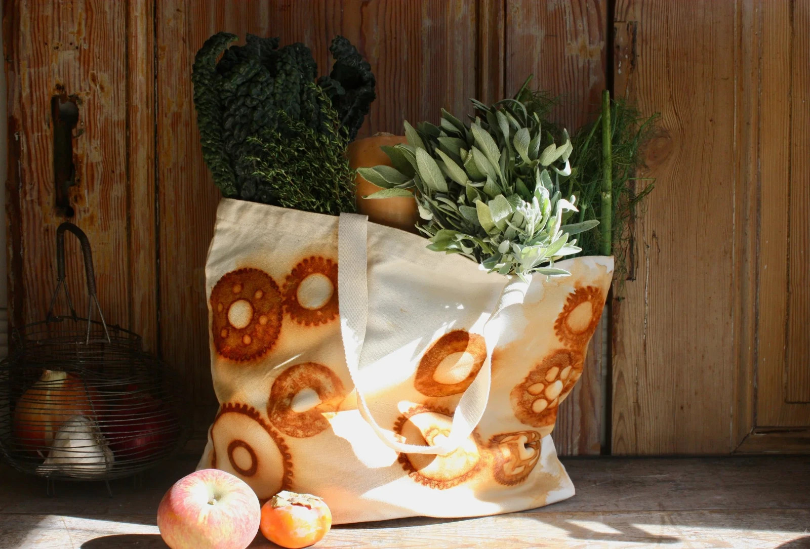 Organic Cotton Farmers Market Tote Bag Route 66 Handmade Large 15×14.25 Rust Dye