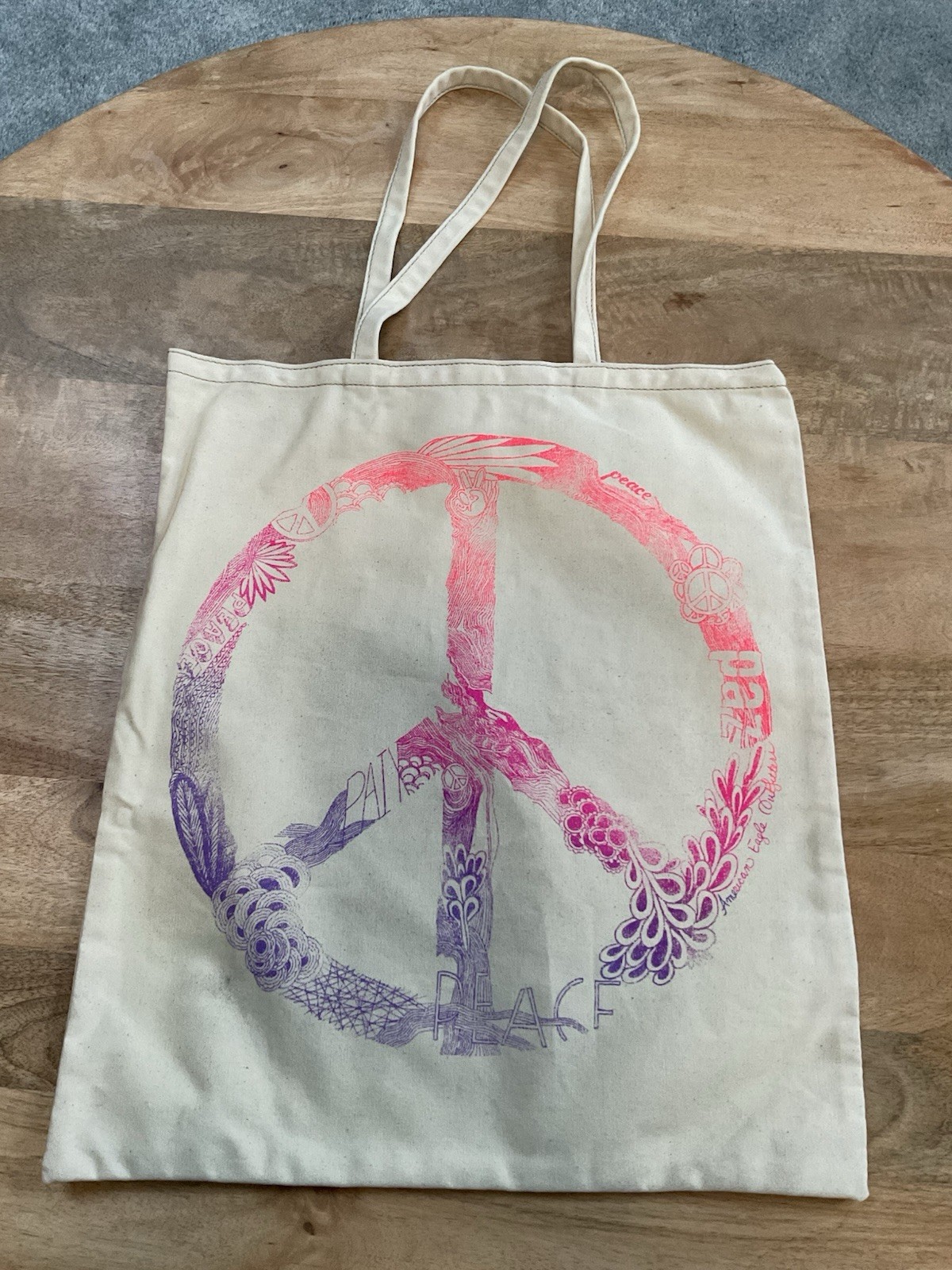 American Eagle Canvas Tote Bag w/Peace Sign ~ 14”x 16.5”~ Reusable ~ New