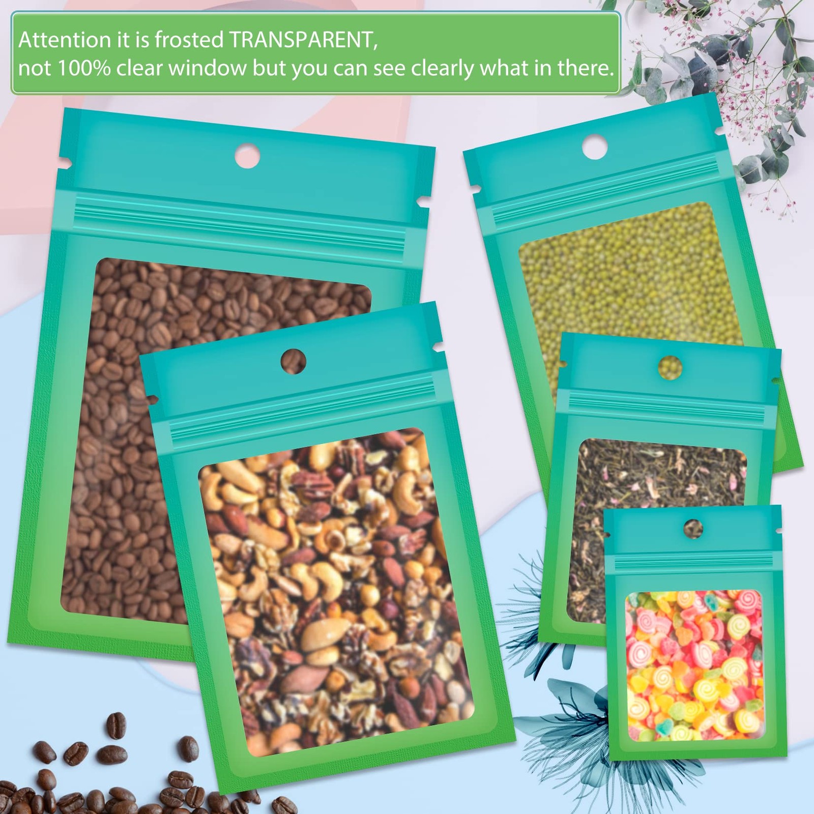 Funfery 100 Pack Smell Proof Resealable Bags for 2.7 X 3.9 Inch, Blue Green