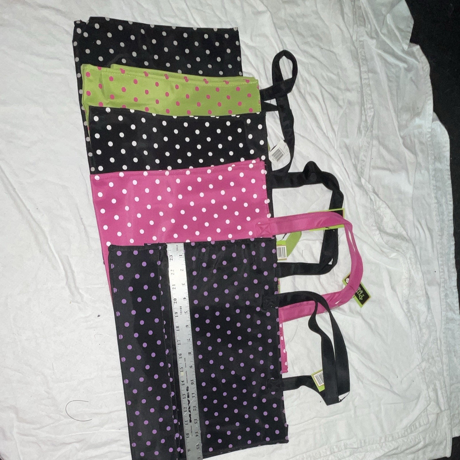 Patty Reed Happy Sack Polka Dot Tote Bags Set of 4 Large Foldable Zip Pocket