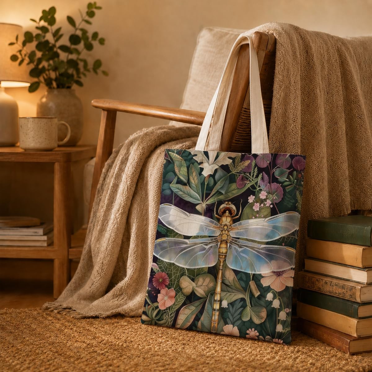 Dragonfly Canvas Tote Bag for Women, Reusable Grocery Shoulder Shopping Bags,…