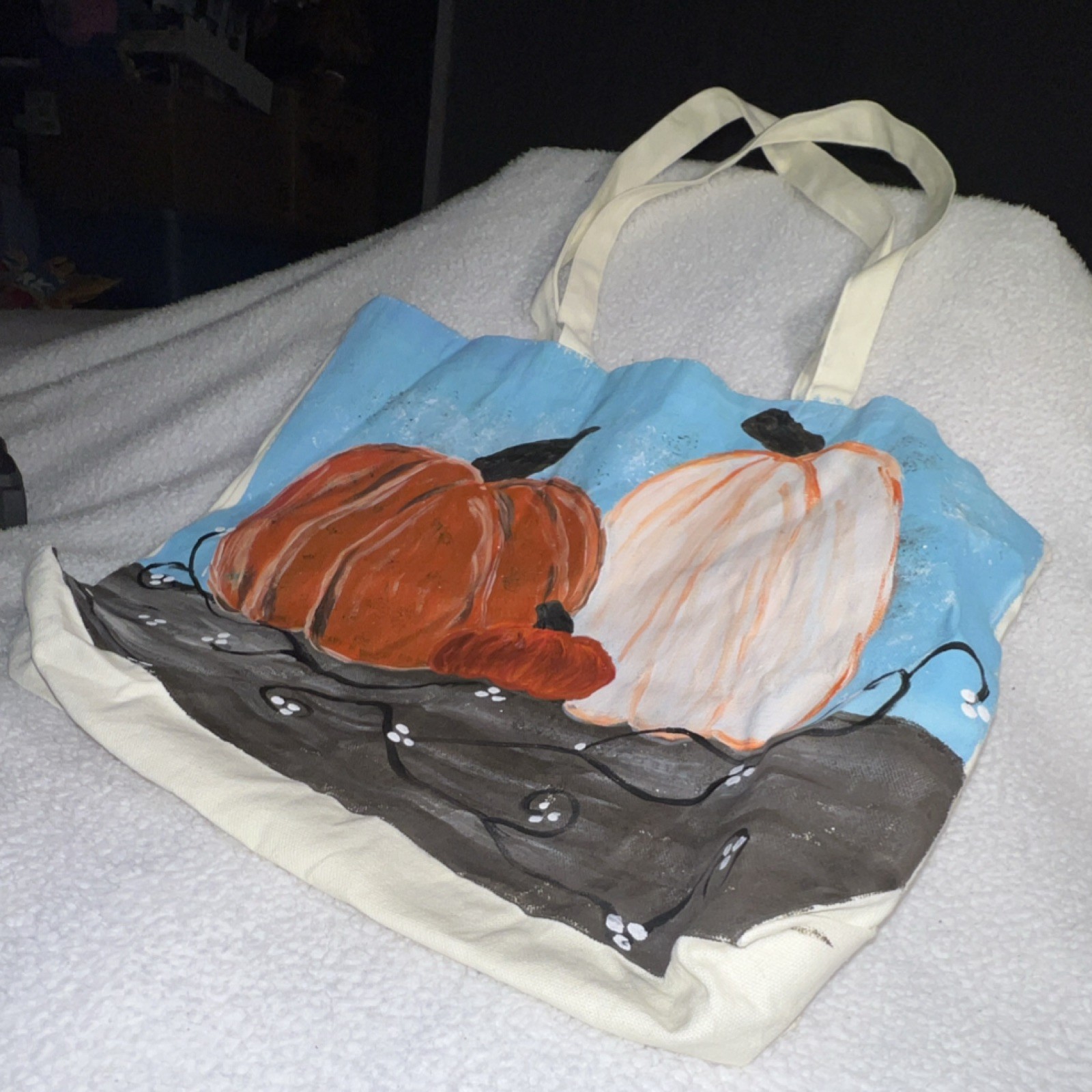 Foldable Canvas Reusable Shopping Bag Pumpkin Print Orange White Blue
