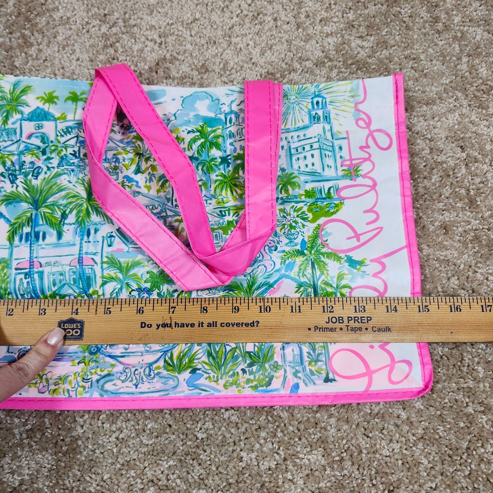 Lilly Pulitzer Reusable Shopping Tote Bag Pink Tropical Cityscape Print Large