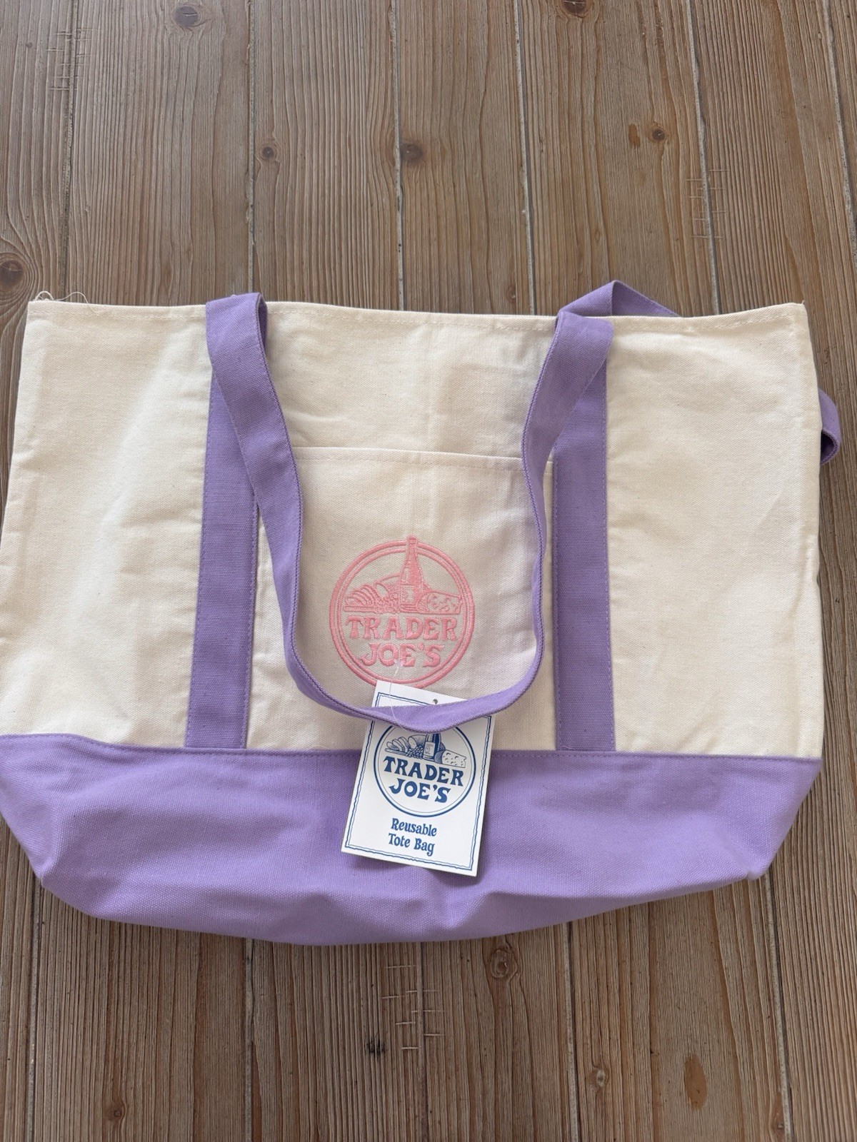 *Rare* Trader Joe’s Reusable Large Tote Bag -Beige Purple – UPSIDE DOWN Logo