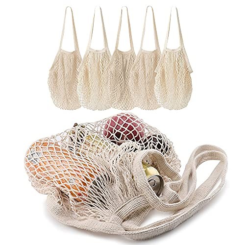 5 pack Cotton String Shopping Bags Reusable Washable Grocery Mesh 5-pack Biege
