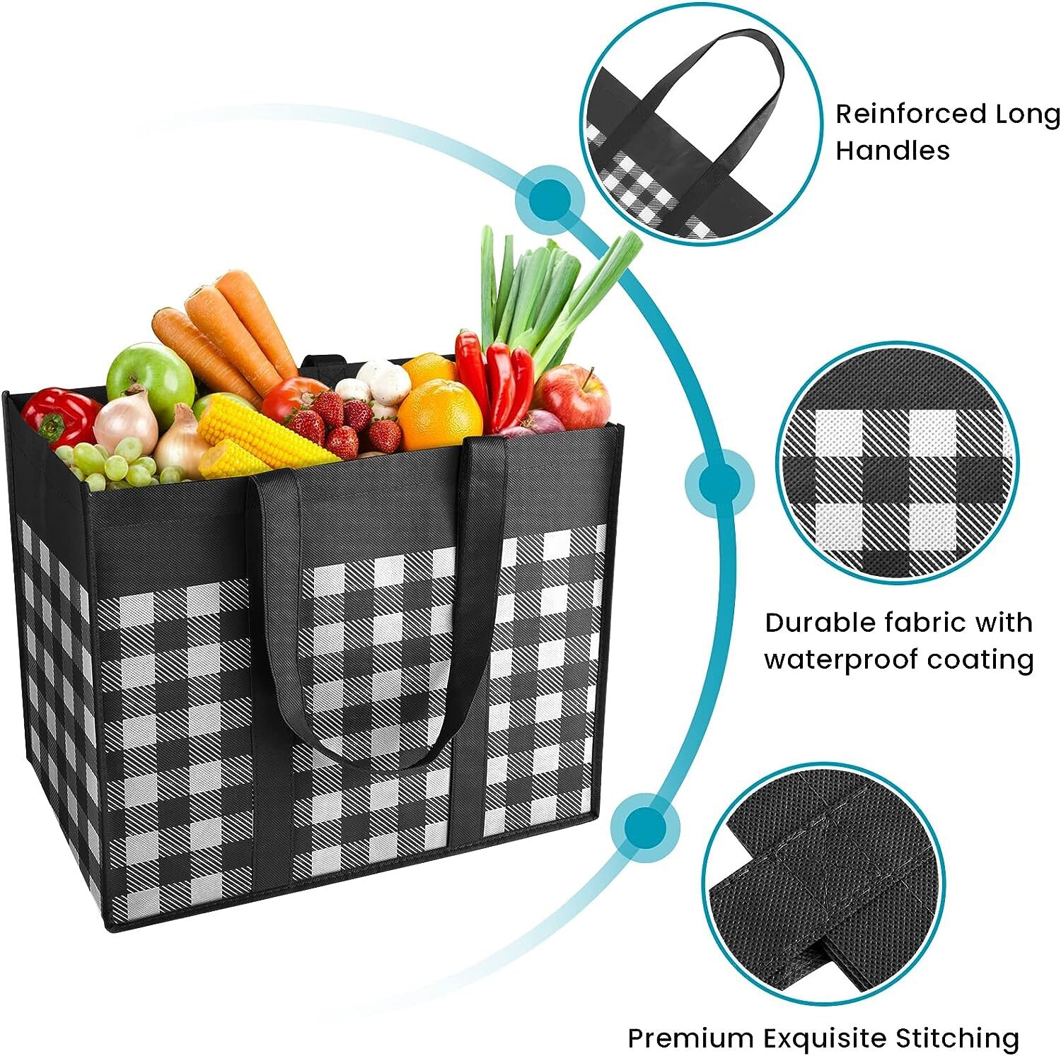 4 Pack Reusable Grocery Bags Tote Bag Reinforced Handles Waterproof Multipurpose