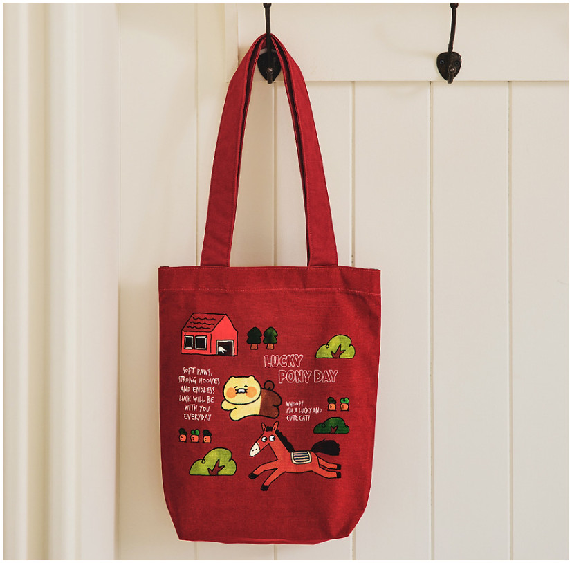 Kakao Friends Lucky Pony Day Eco Bag Ivory & Burgundy Choonsik 30x34x9 cm Cotton