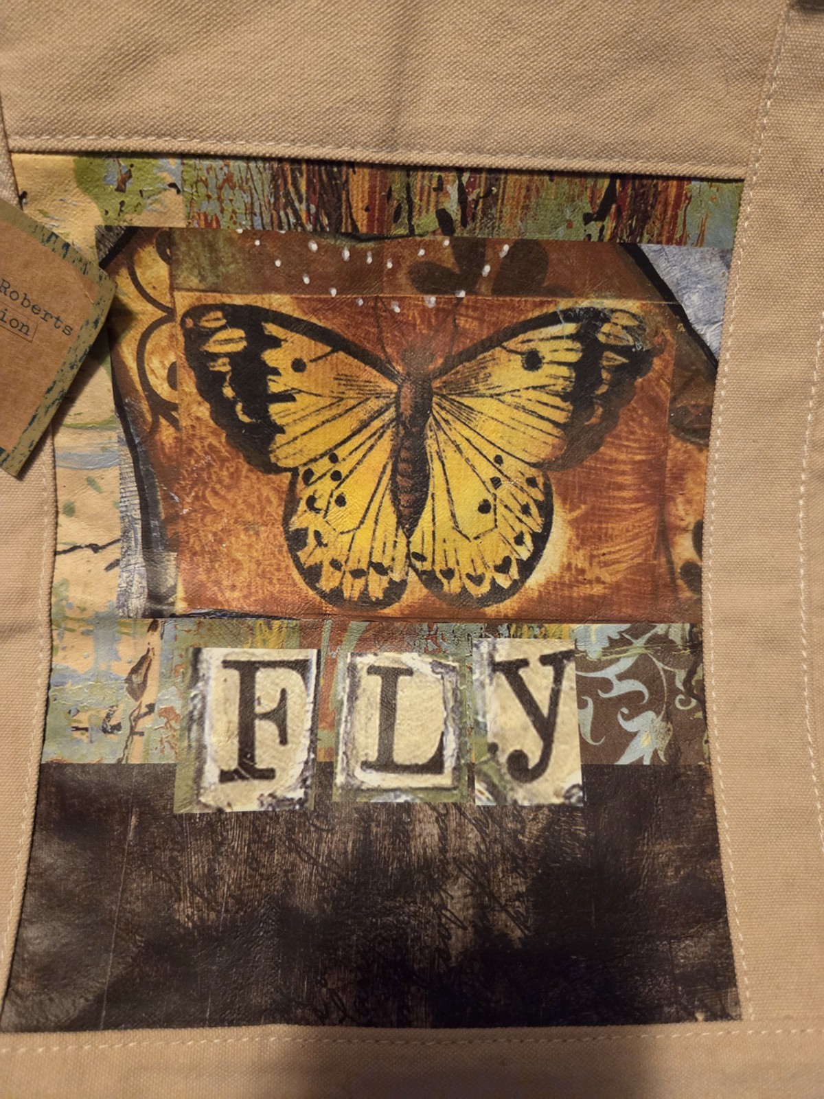 DEMDACO Fly Tote Bag Canvas Butterfly Beige/Multicolor 16x12x12 in