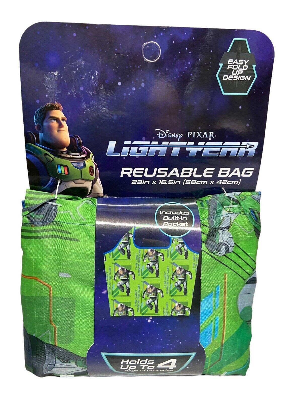 Disney Pixar Lightyear Reusable Grocery Bag 23″ x 16.5″ Pocket Easy Fold Up (A)