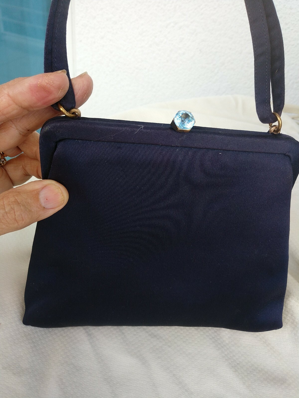 Vintage Bag Small Navi Blue. , W Blue Topasio ?Clasp Cristal? 7 X 7 1/2 silk
