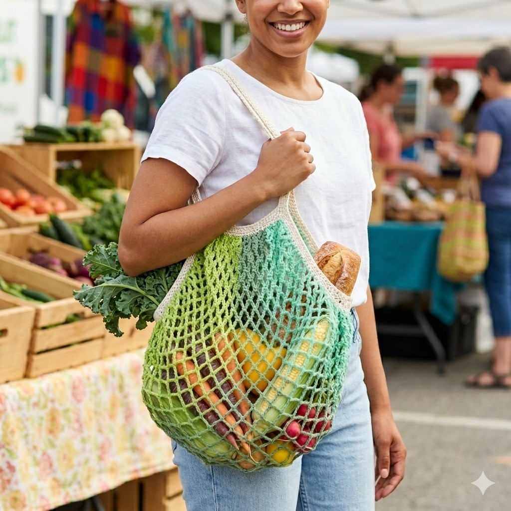 Farmers Market Bag Green Crochet French Net Sack Cotton Grocery Beach Handmade