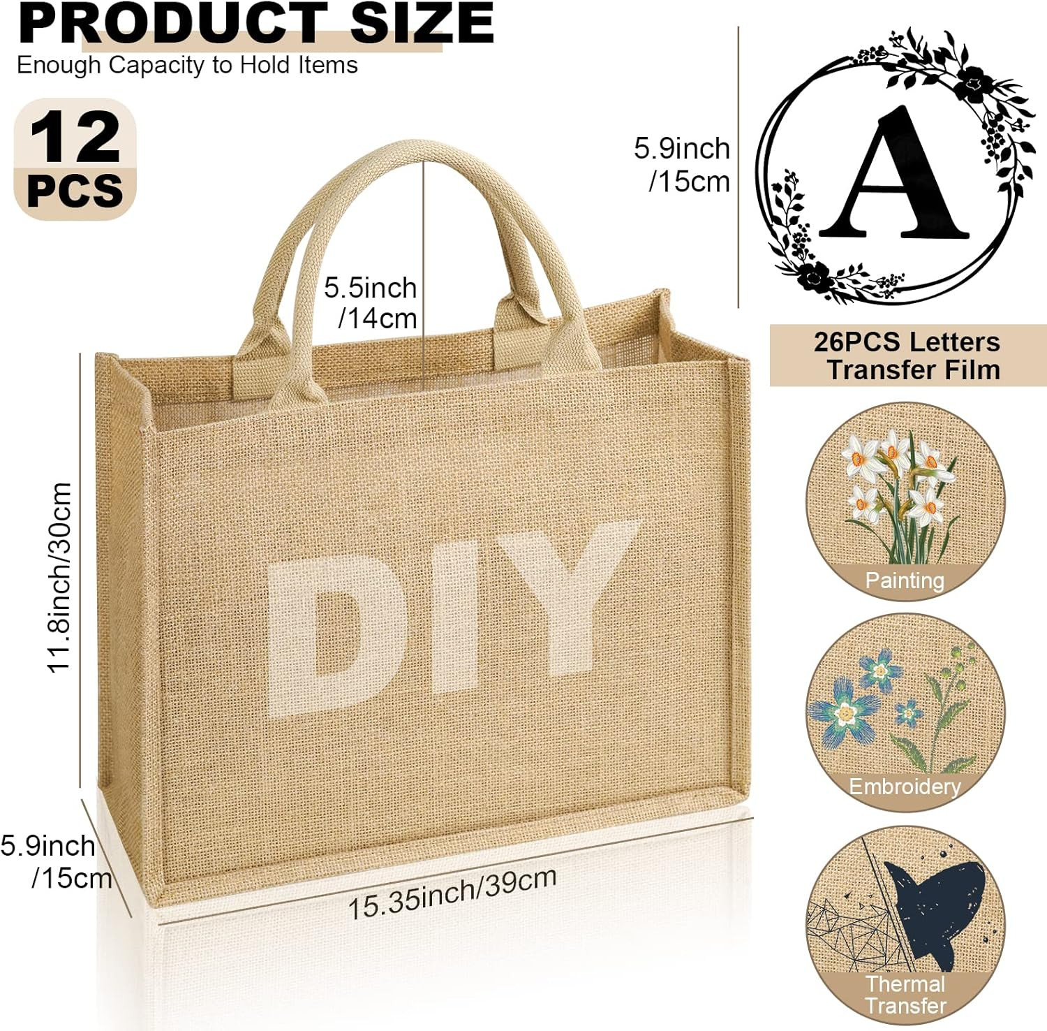 12 Pack Burlap Tote Bags with Handles & 26 Iron-On Letters for DIY Crafts