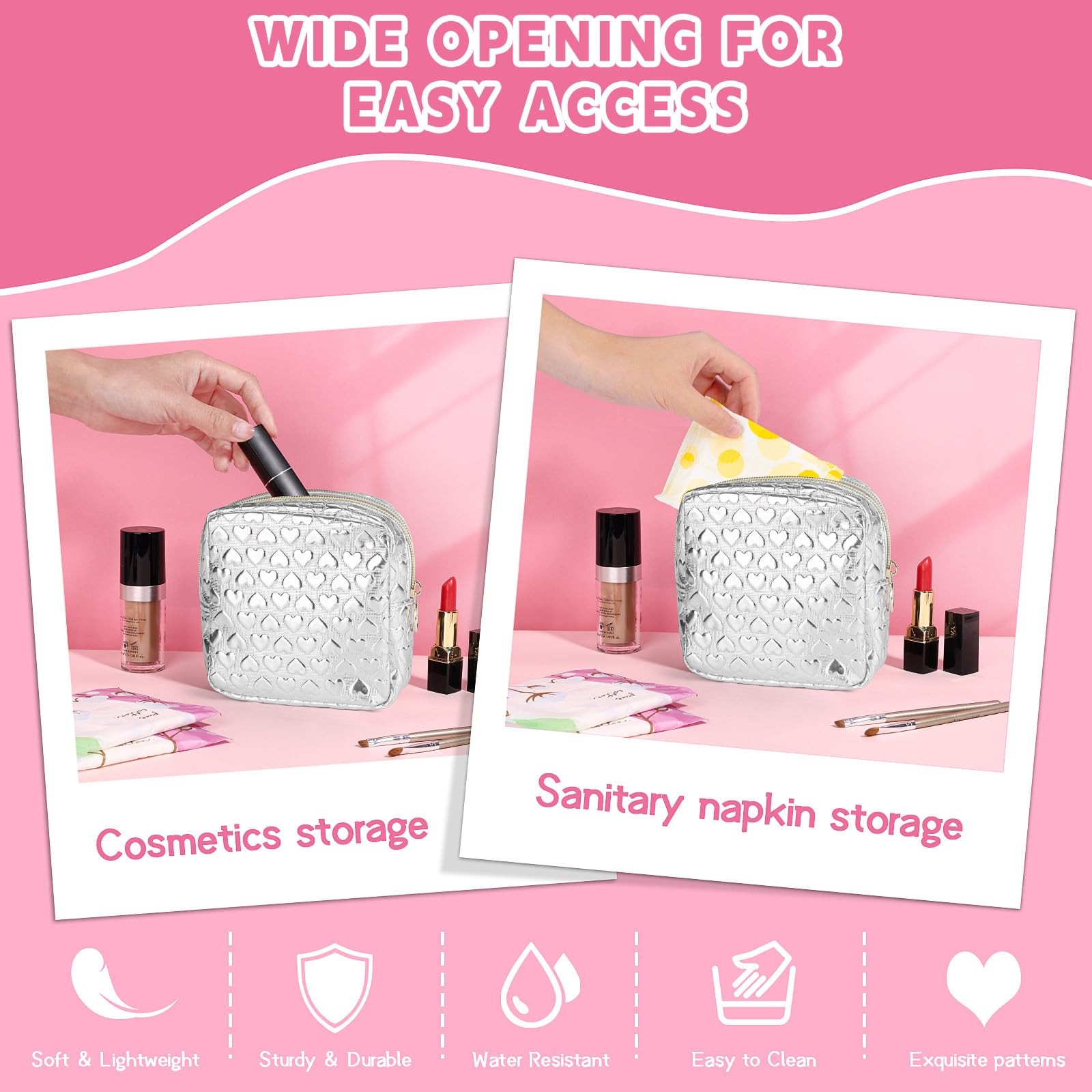 Likesing 5.1″ Mini Makeup Bag for Purse, Leather Small Silver, 3D Love