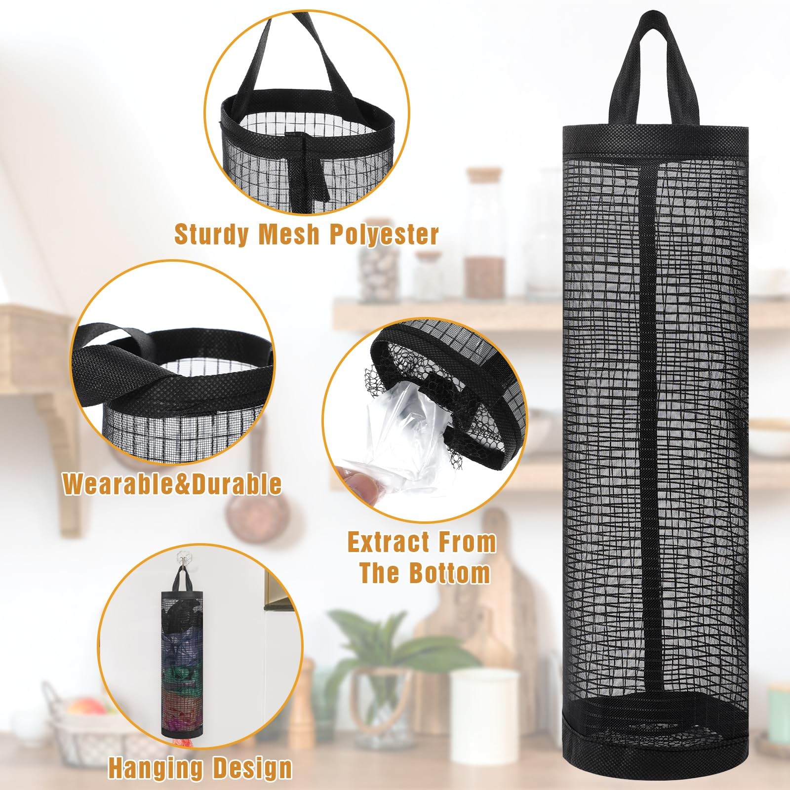 2PCS Mesh Grocery Bag Holder, Hanging Storage Dispenser 31cm/12.2in, Black