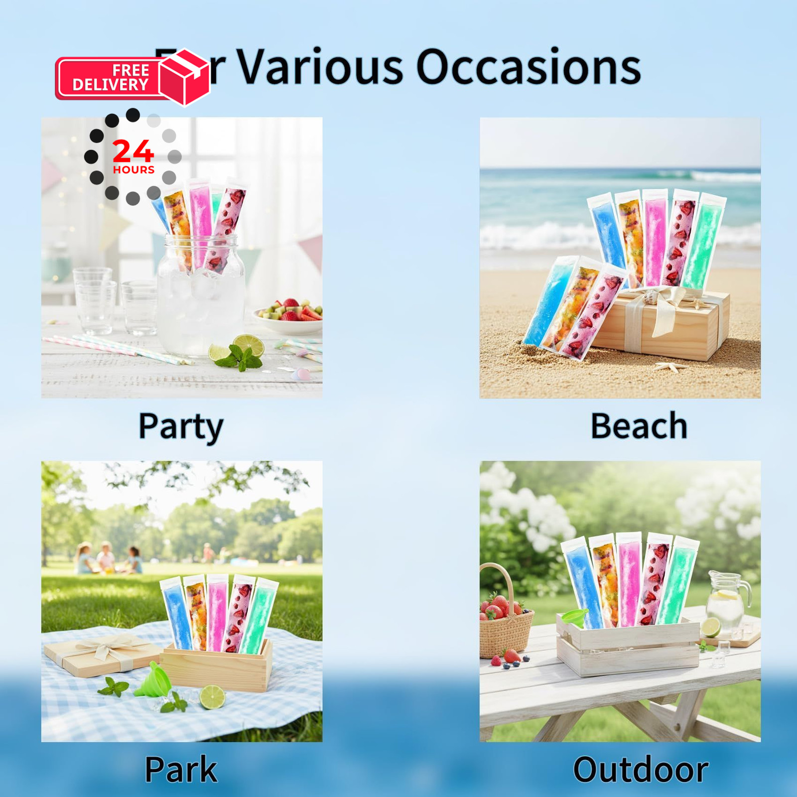 200Pcs Disposable Ice Popsicle Bags With Silicone Funnel, 55x280mm, White