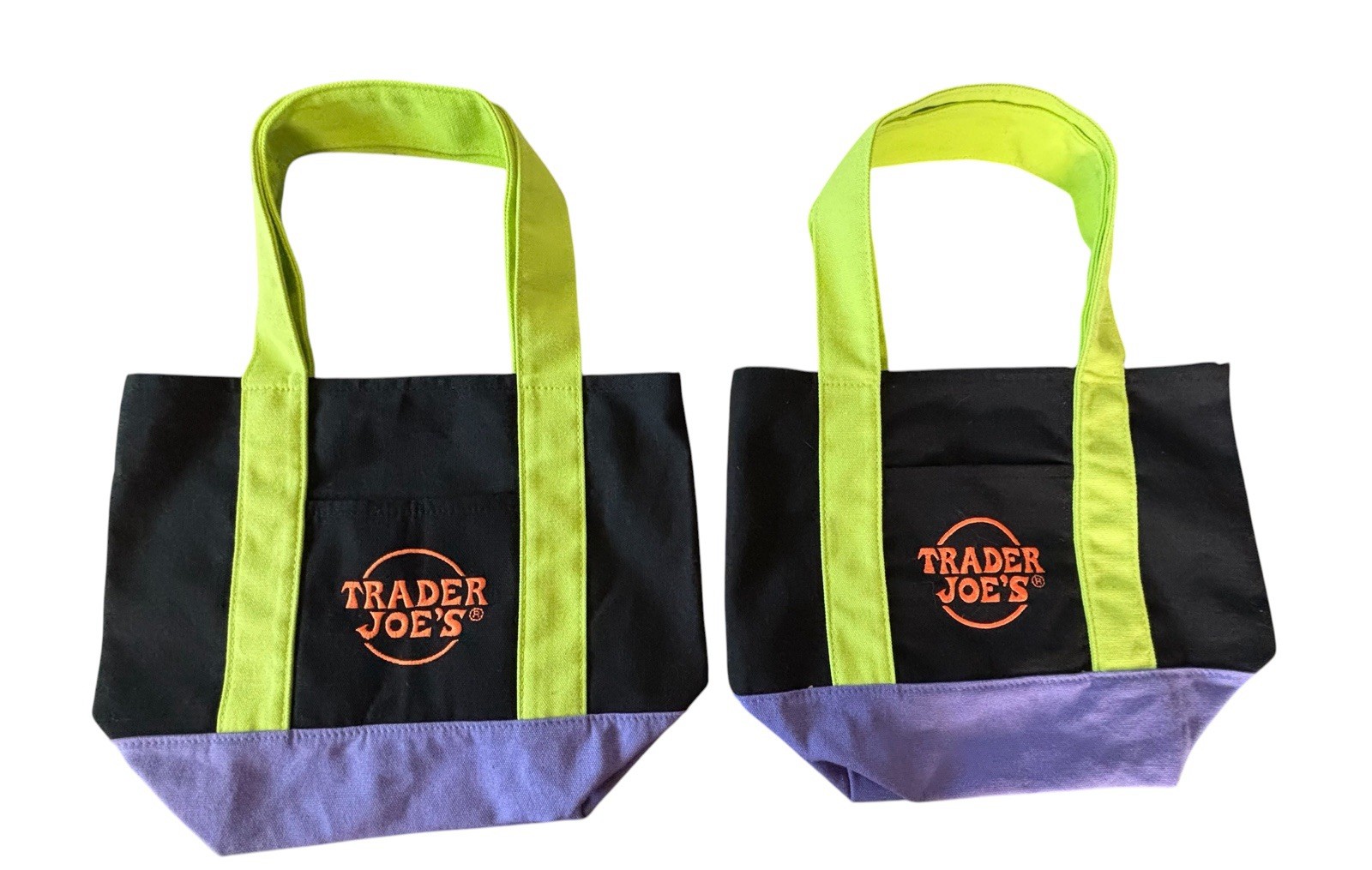 Set of 2 Trader Joe’s Mini Canvas Tote Bags Black Green Purple Halloween NWOT
