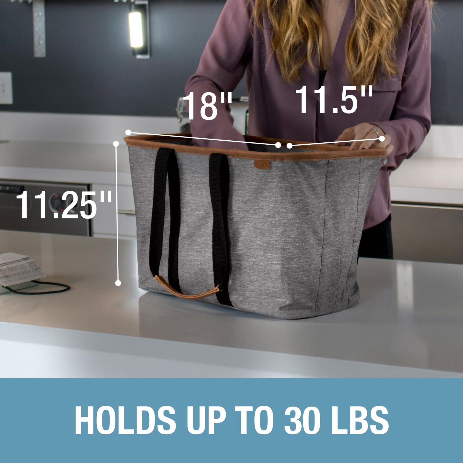 CleverMade Collapsible LUXE Tote, 30L Foldable Grocery 30L, Heather Gray