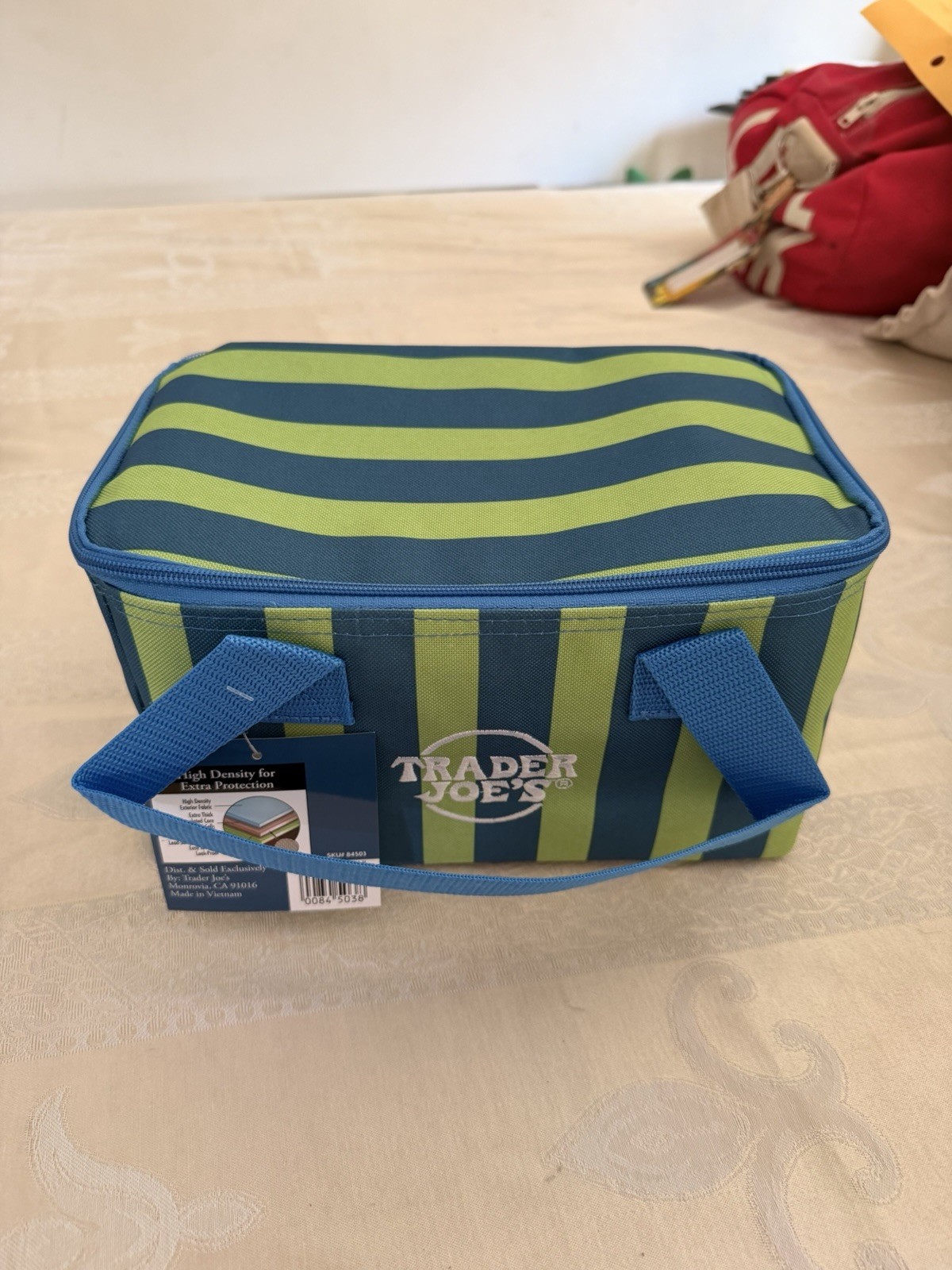Trader Joes 2026 Blue And Green Striped Mini Insulated Tote
