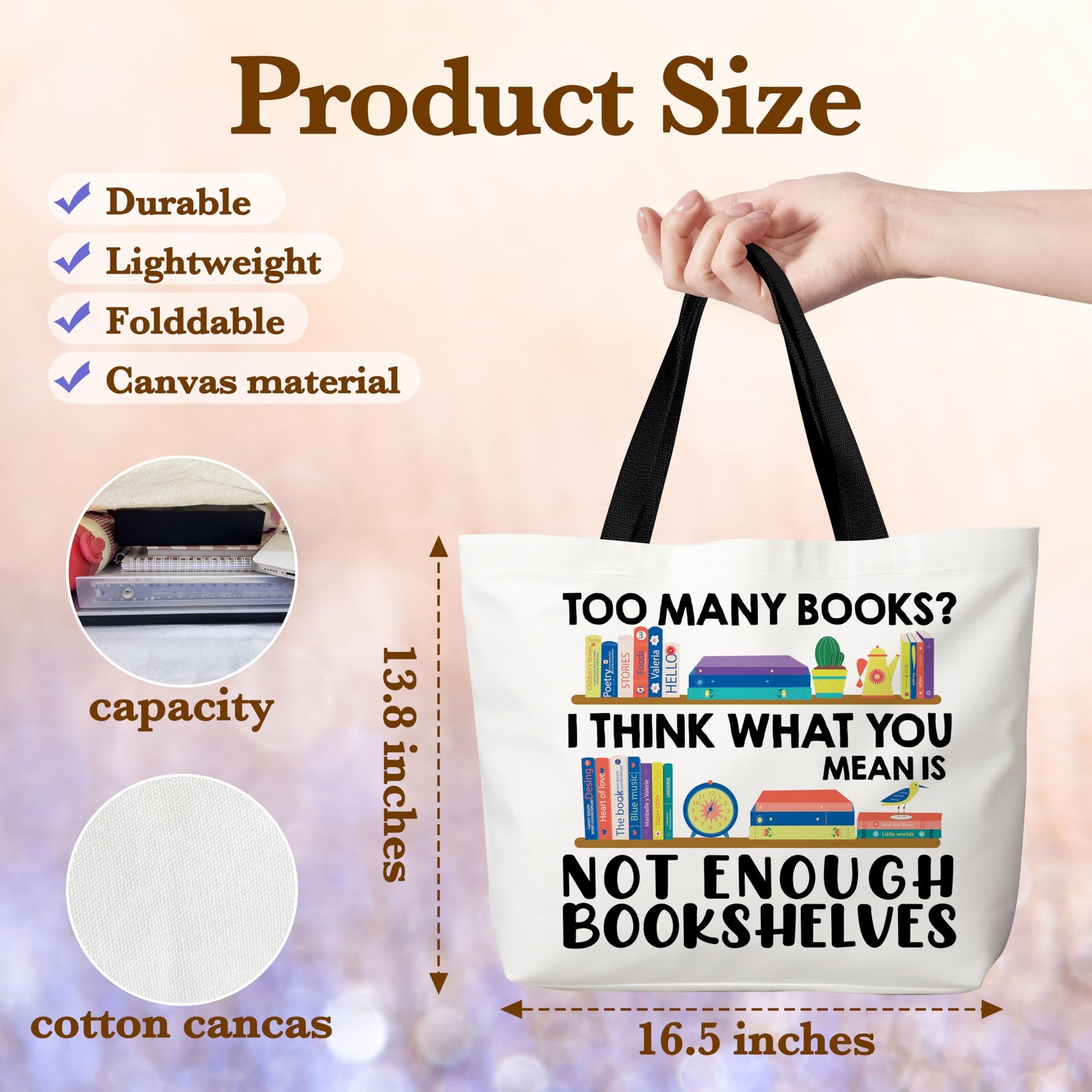 To Many Books Canvas Tote Bag, Book Lover Gifts, Reusable Grocery Shopping Ba…