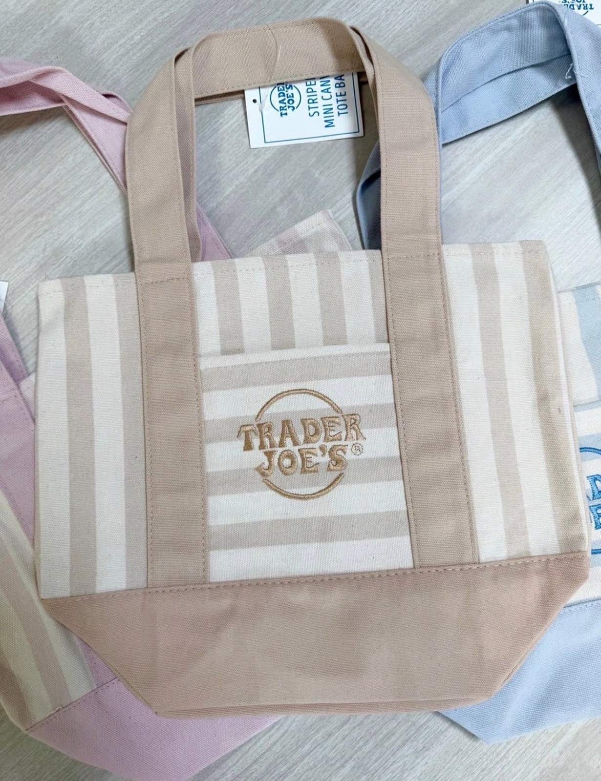 Trader Joe’s Striped Mini Canvas Reusable Tote Bag Beige Tan 13x10x6 in