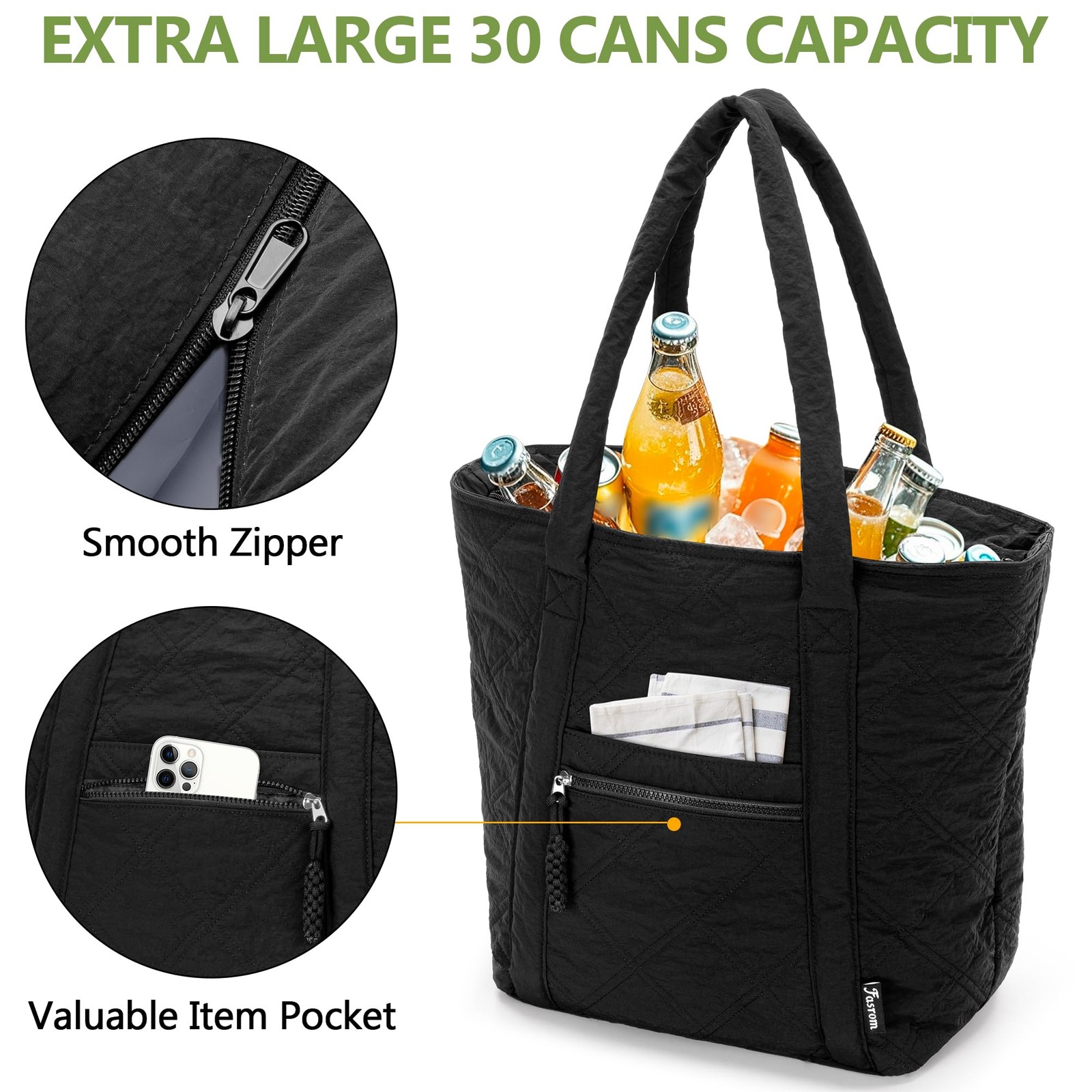 Fasrom Insulated Cooler Tote Bag Holds 30 Cans, Large Leakproof Grocery Bag