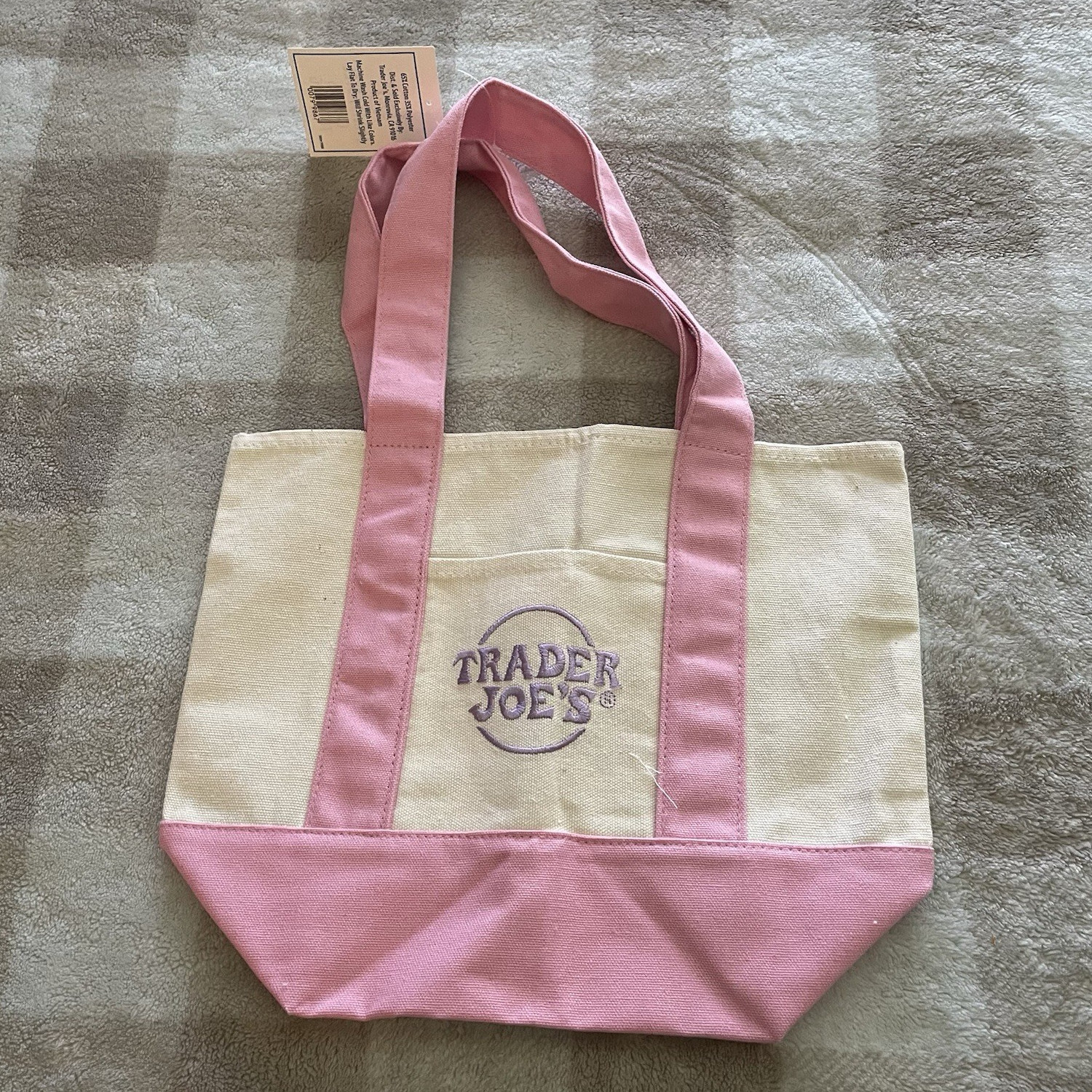 Trader Joe’s Canvas Reusable Tote Bag Pink/Beige Logo 13x11x6 in