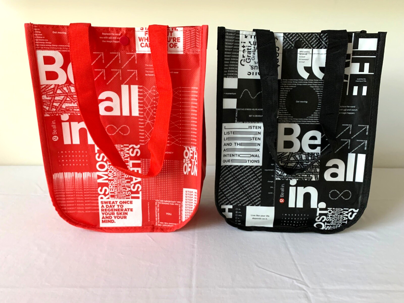 Lot of 2 Lululemon Reusable Shopping Bags 1) Red 1) Black with Snap / Handles
