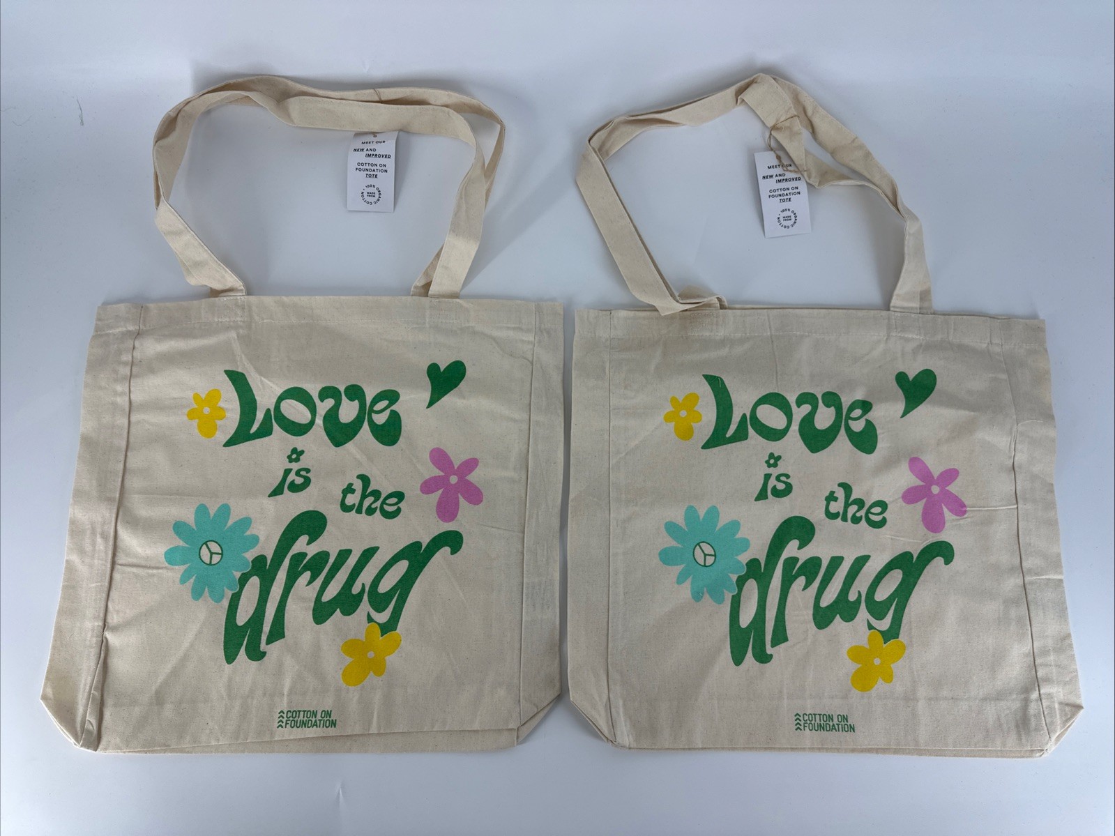 LOT OF 2 RARE Cotton:On Organic Tote Bag “Love is the Drug” Reusable Grocery NEW