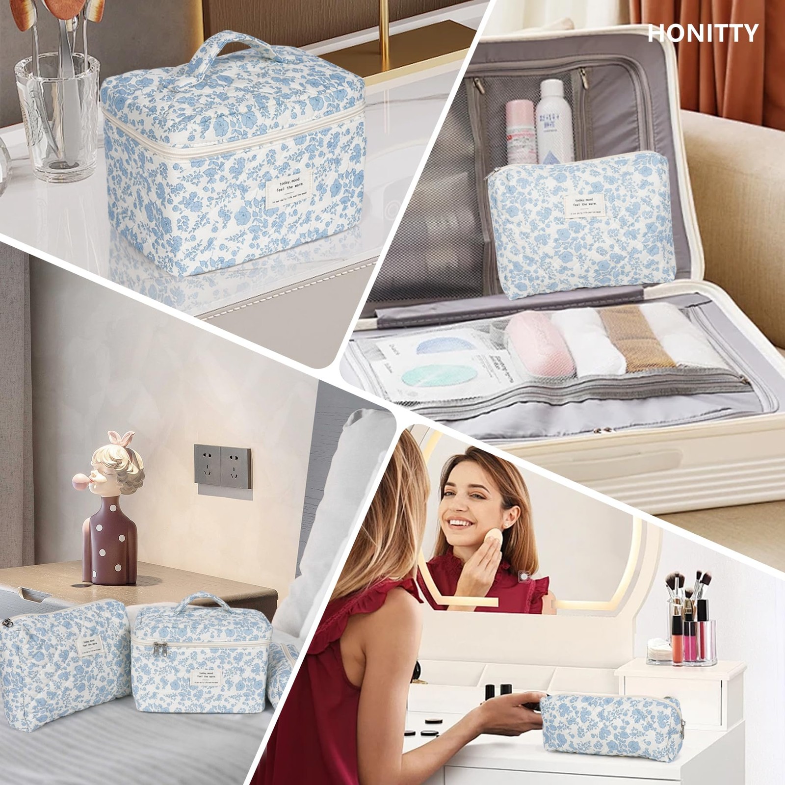Makeup Bag,Quilted Cosmetic Bag,Large Floral Make Up Bag for Mini, Blue-White