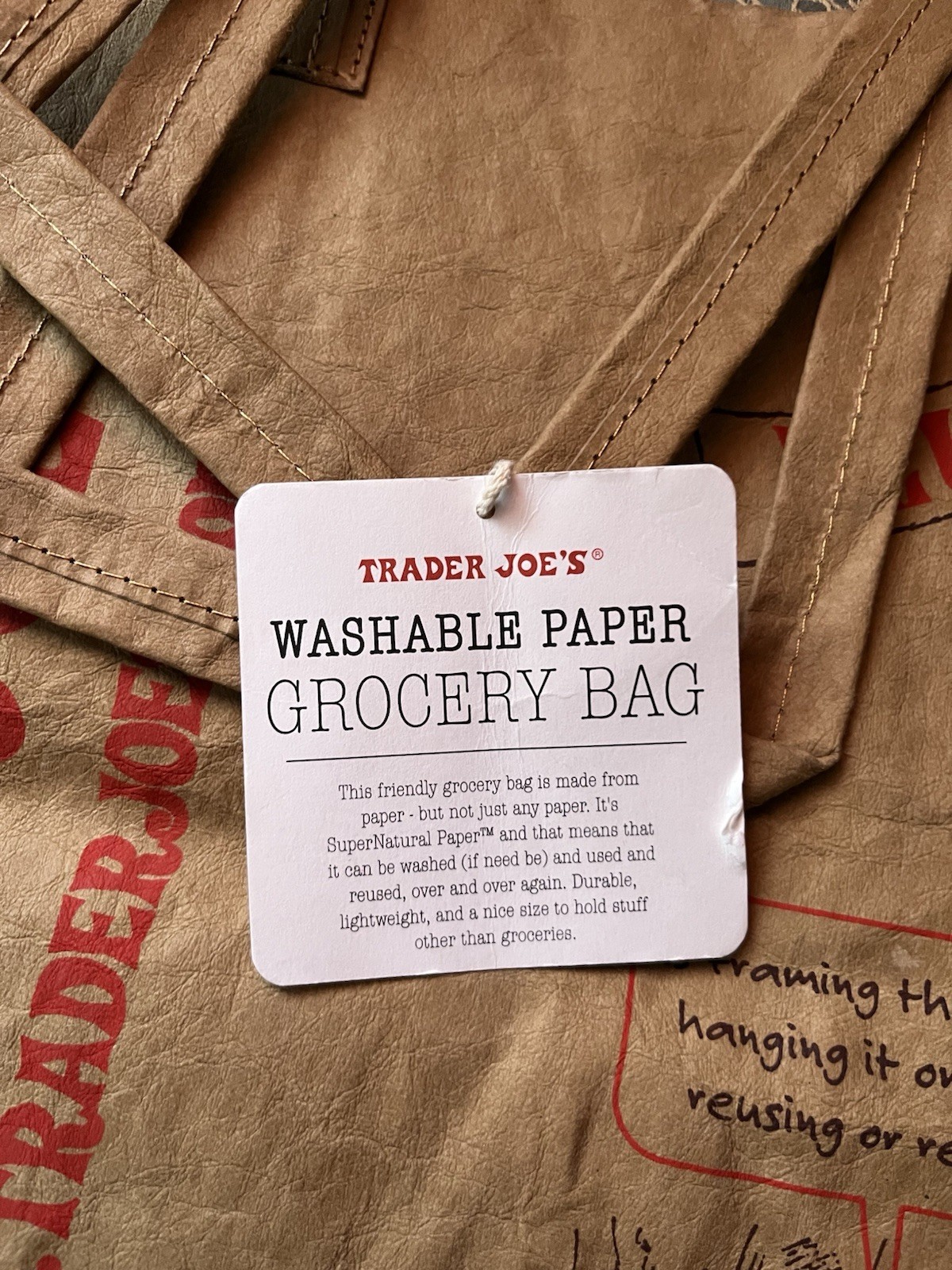 Trader Joe’s Washable Paper Reusable Shopping Bag Brown Red Medium Foldable