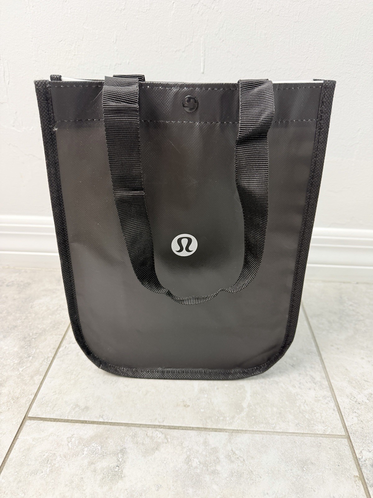 Lululemon Reusable Tote Bag Black Gray Small Shopping Lunch Eco Bag Snap Closure