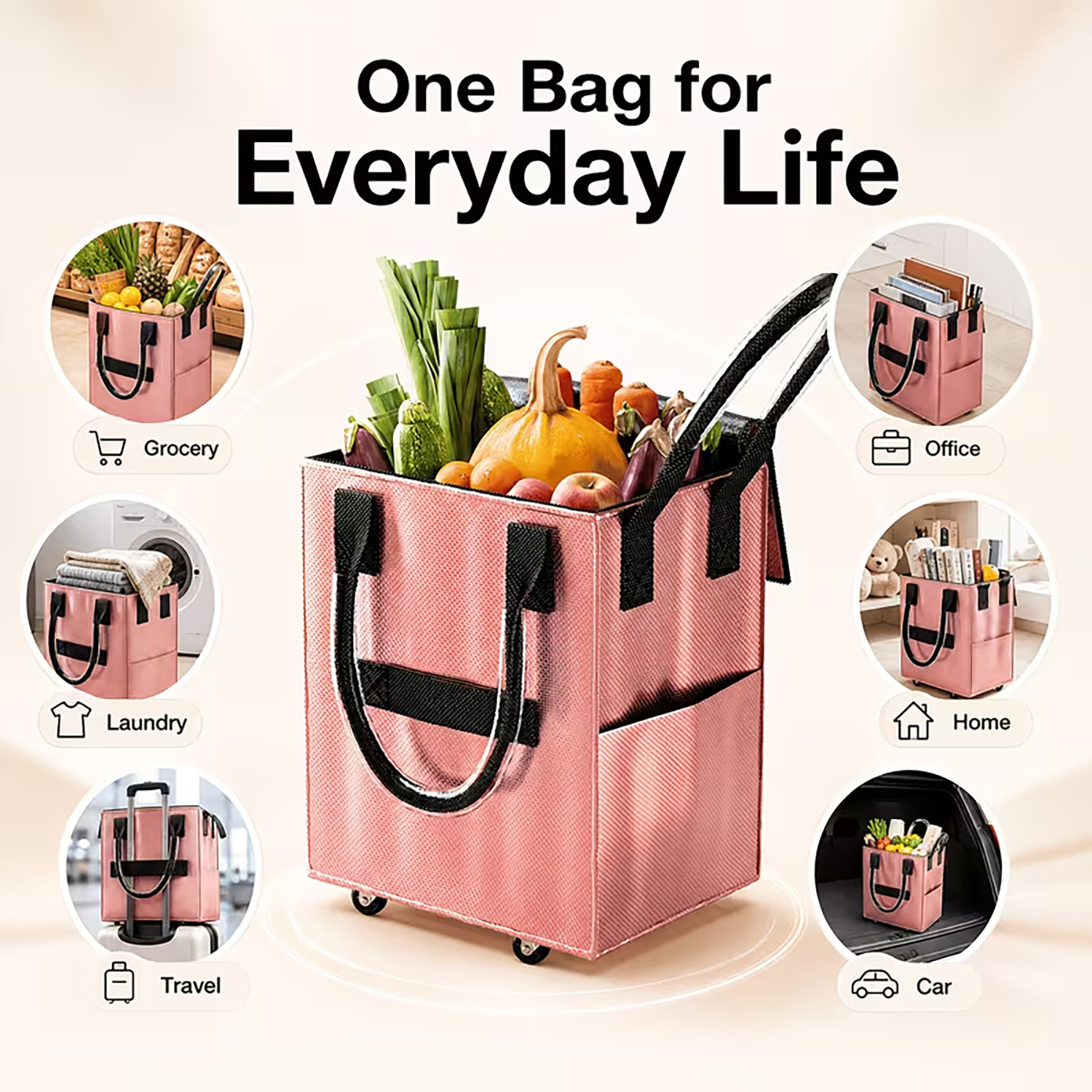 Medium Reusable Grocery Bag on Wheels Heavy Duty Rolling Shopping Tote w/ Handle