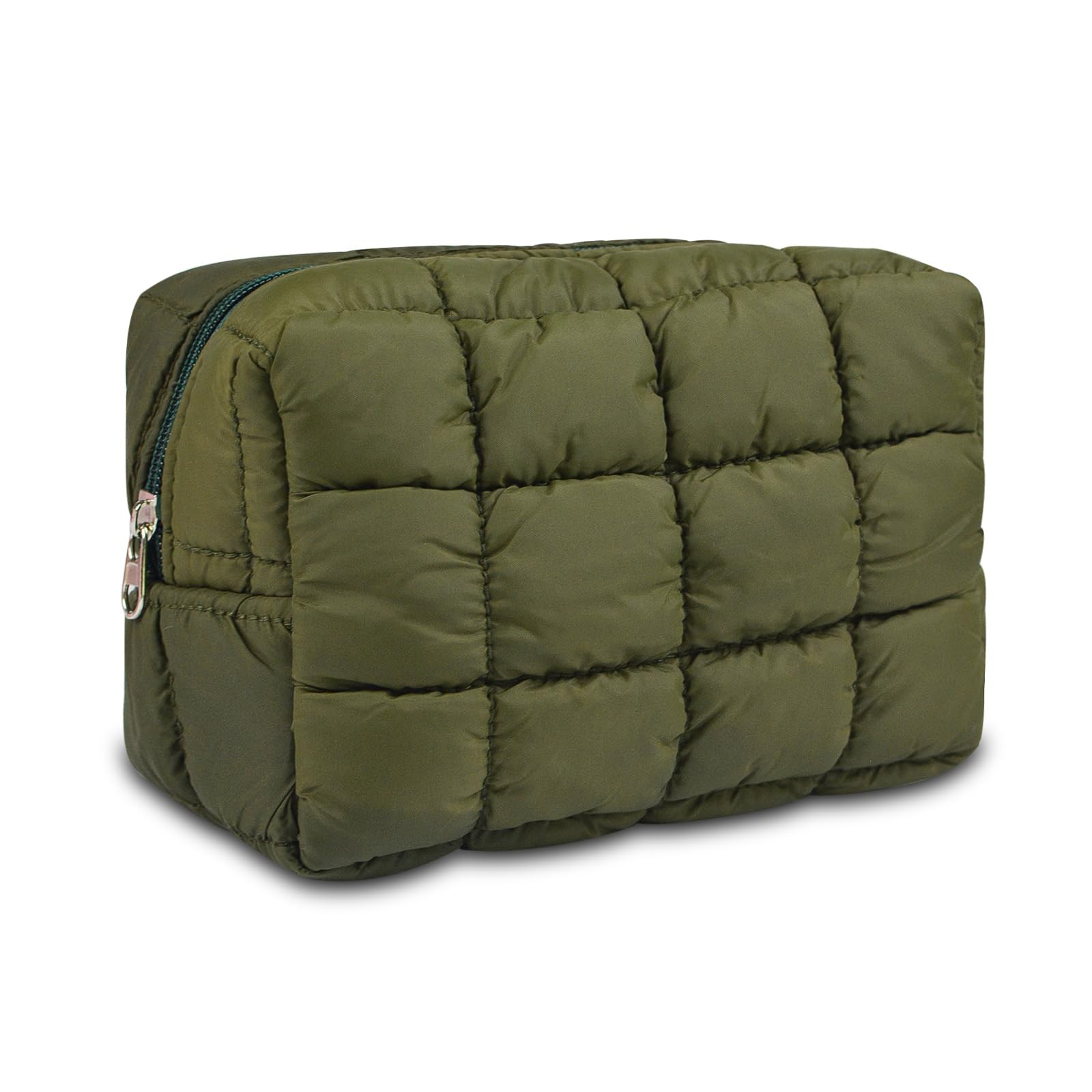 AMZMA Puffy Quilted Makeup Bag for Women, Water-Resistant Military green