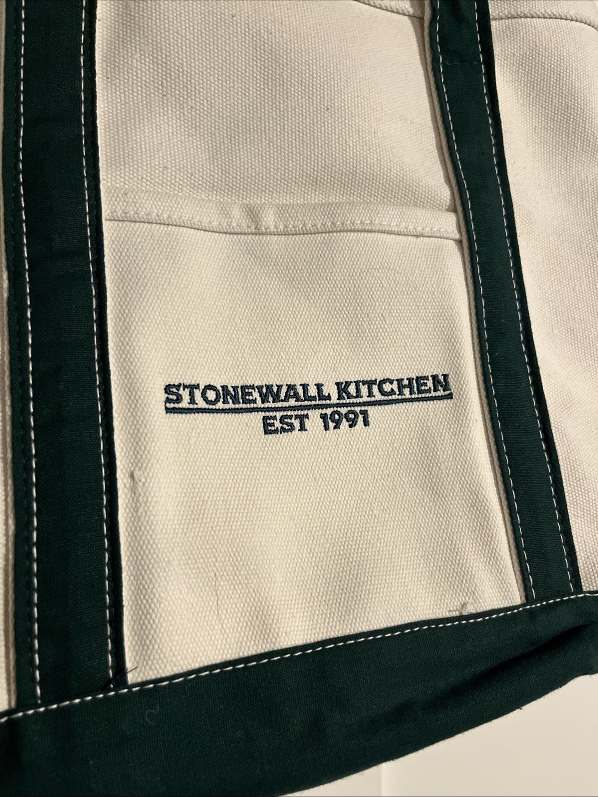 Stonewall Kitchen Canvas Tote Bag Small White & Green Pockets Heavy Duty