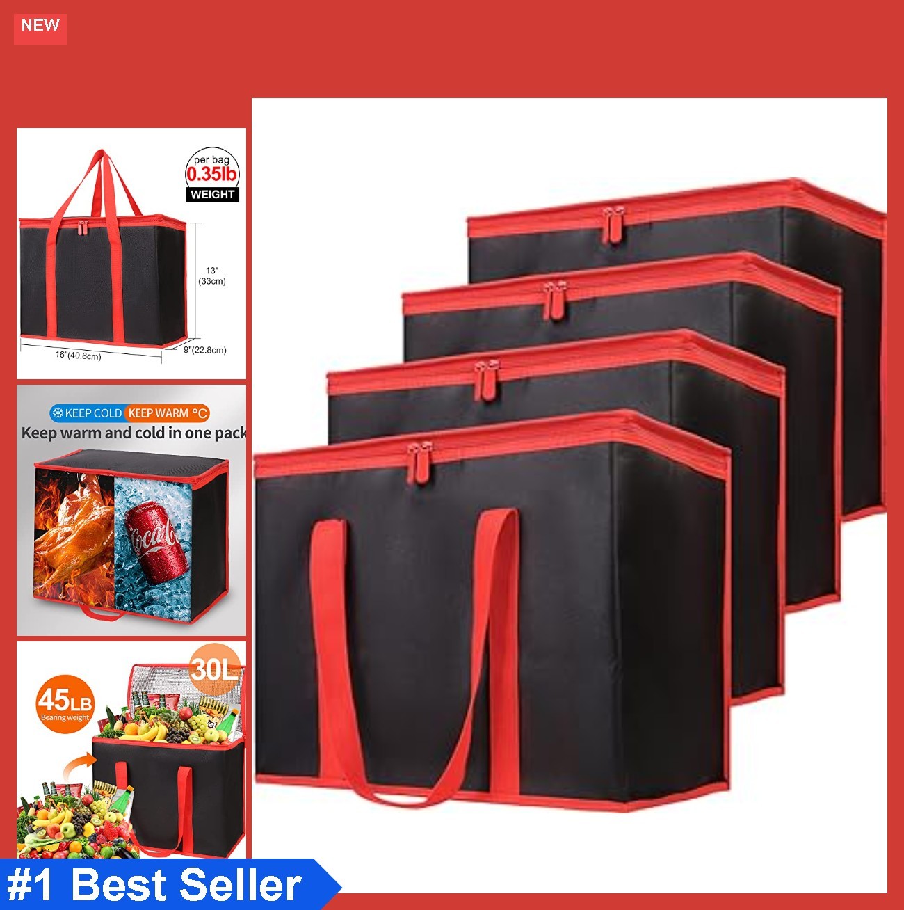 Insulated Grocery Bags 30L Reusable XL Cooler Tote Cold Food Picnic 4-Pack