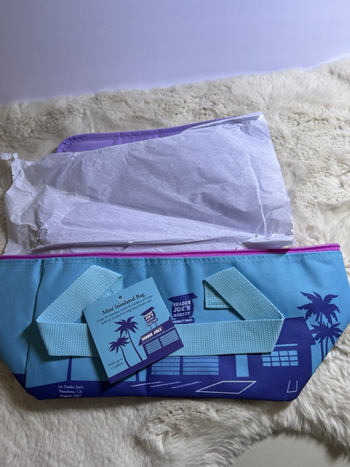 Trader Joe’s 2026 Mini Insulated Tote Purple Aqua blue New Viral Summer Van Palm